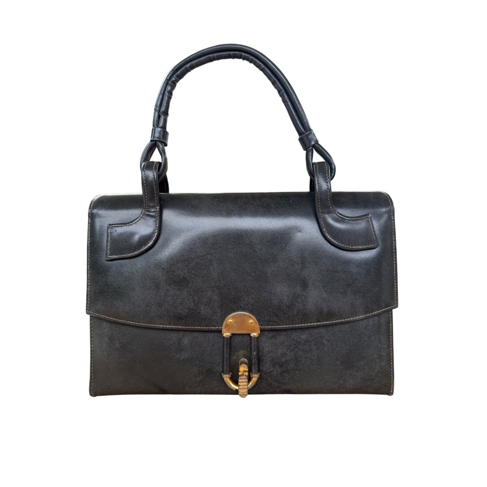 VTG SHELDON Original Black Leather Structured Handbag Gold Hardware Top Handle